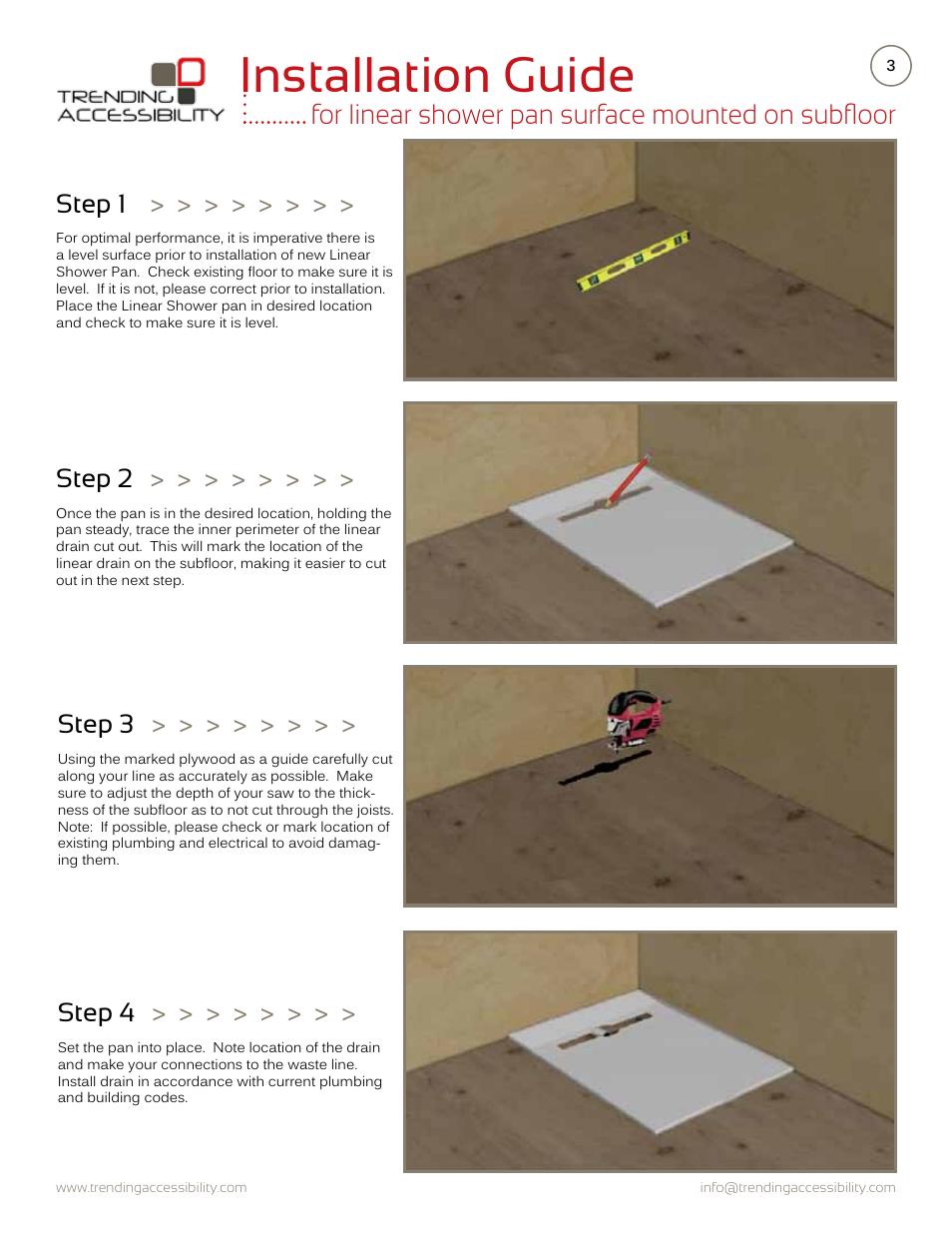 Installation guide, For linear shower pan surface mounted on subfloor, Step 1 | Step 2, Step 3, Step 4 | Trending Accessibility Transitional & modern linear fusion shower pan surface mounted on subfloor User Manual | Page 3 / 8