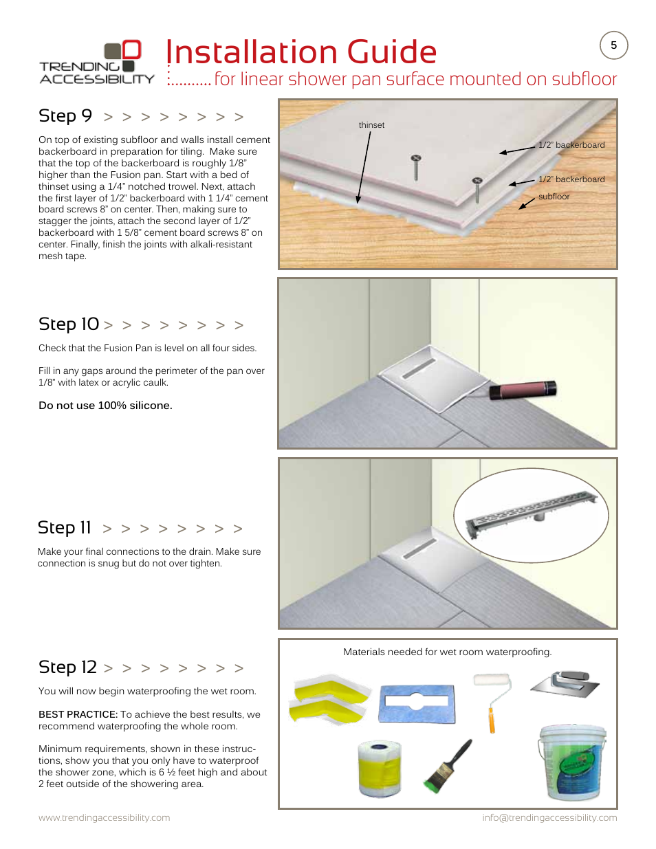 Installation guide, For linear shower pan surface mounted on subfloor, Step 11 | Step 12, Step 9, Step 10 | Trending Accessibility Transitional & modern linear fusion shower pan surface mounted on subfloor User Manual | Page 5 / 8