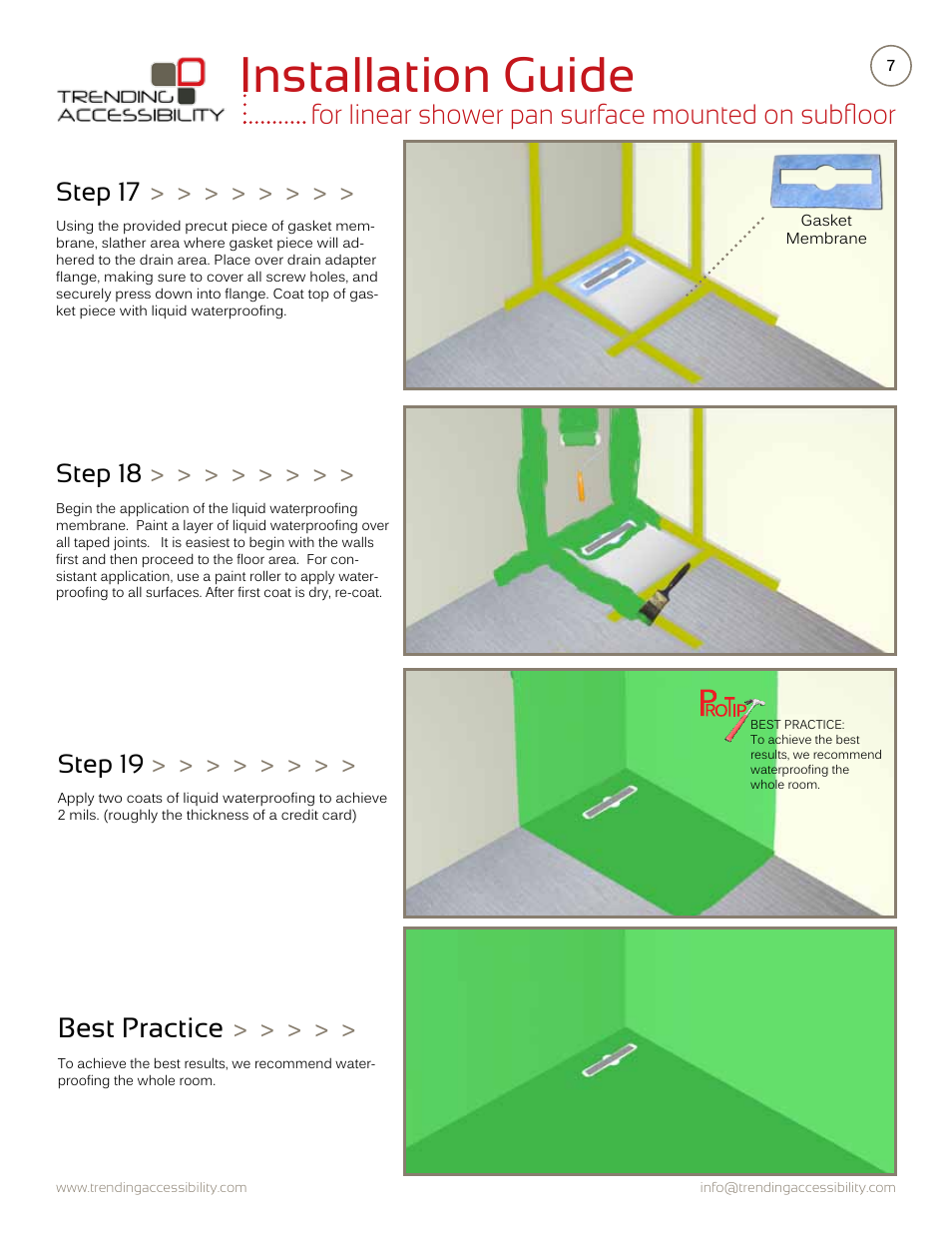 Installation guide, For linear shower pan surface mounted on subfloor, Best practice | Step 17, Step 18, Step 19 | Trending Accessibility Transitional & modern linear fusion shower pan surface mounted on subfloor User Manual | Page 7 / 8