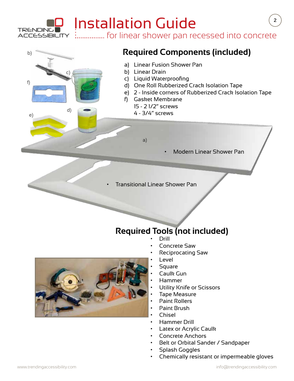 Installation guide, Required tools (not included) | Trending Accessibility Transitional & modern linear fusion shower pan recessed into concrete User Manual | Page 2 / 7