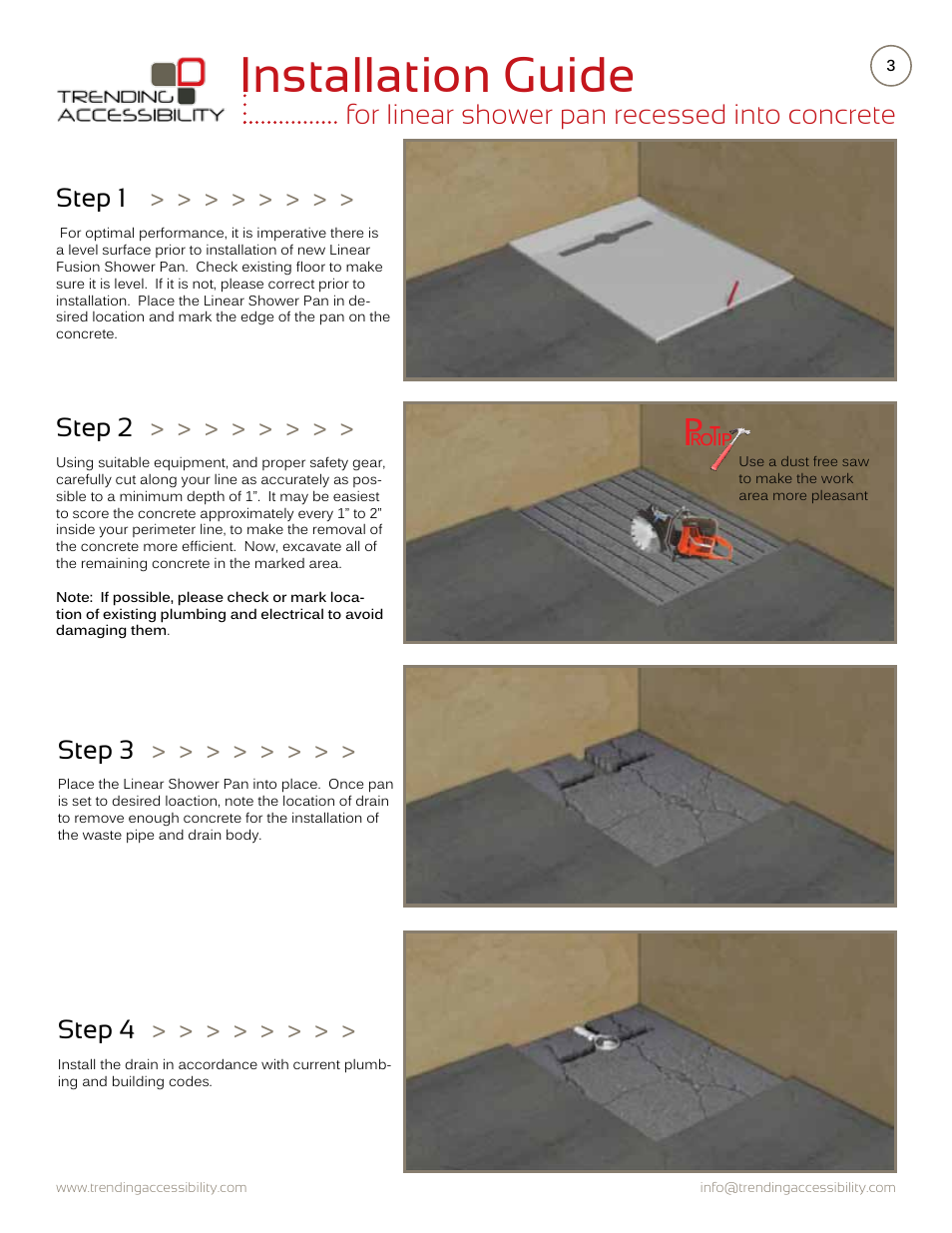 Installation guide, For linear shower pan recessed into concrete, Step 1 | Step 2, Step 3, Step 4 | Trending Accessibility Transitional & modern linear fusion shower pan recessed into concrete User Manual | Page 3 / 7