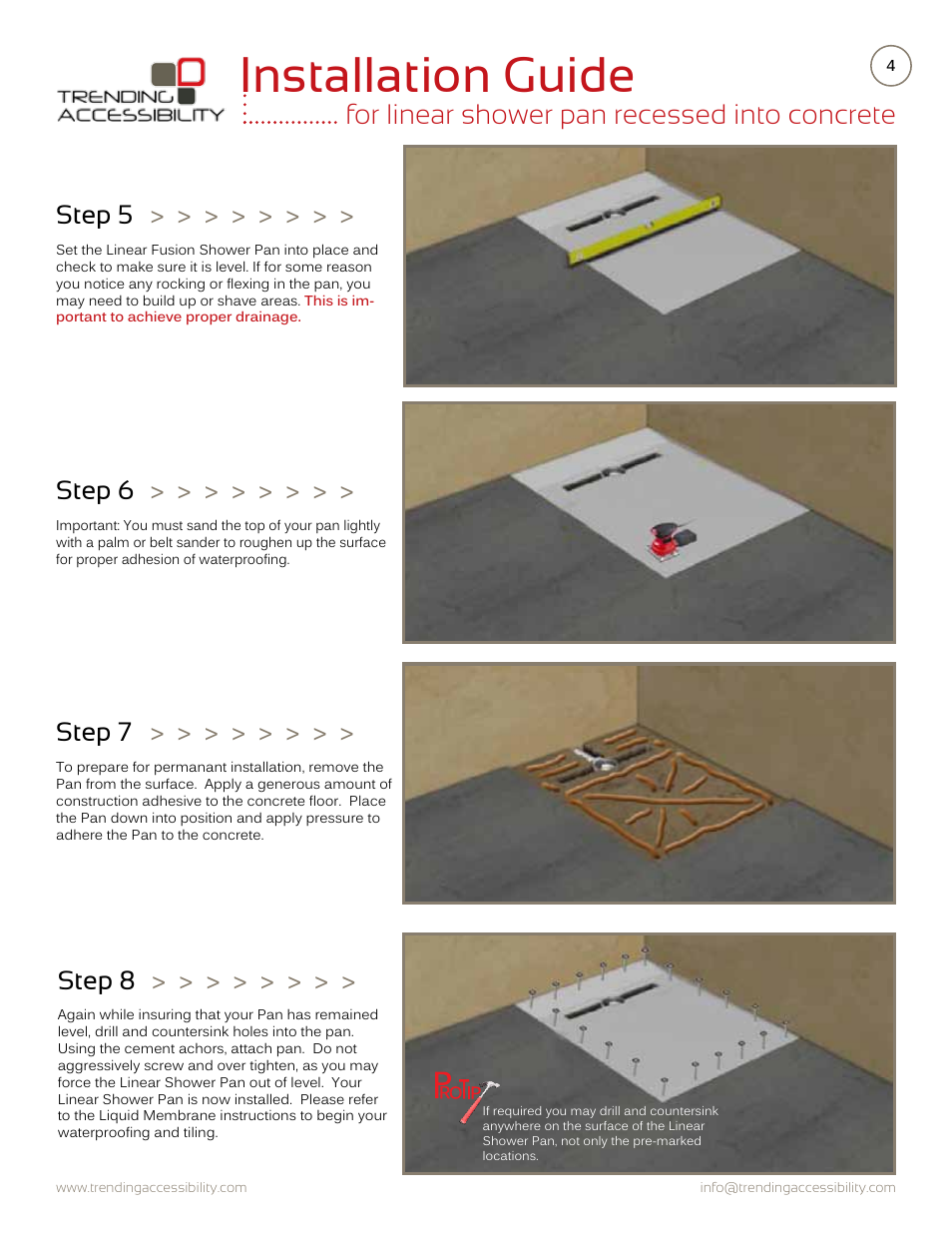 Installation guide, For linear shower pan recessed into concrete, Step 5 | Step 7, Step 8, Step 6 | Trending Accessibility Transitional & modern linear fusion shower pan recessed into concrete User Manual | Page 4 / 7