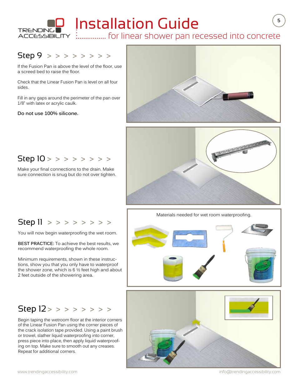 Installation guide, For linear shower pan recessed into concrete, Step 12 | Step 9, Step 11, Step 10 | Trending Accessibility Transitional & modern linear fusion shower pan recessed into concrete User Manual | Page 5 / 7