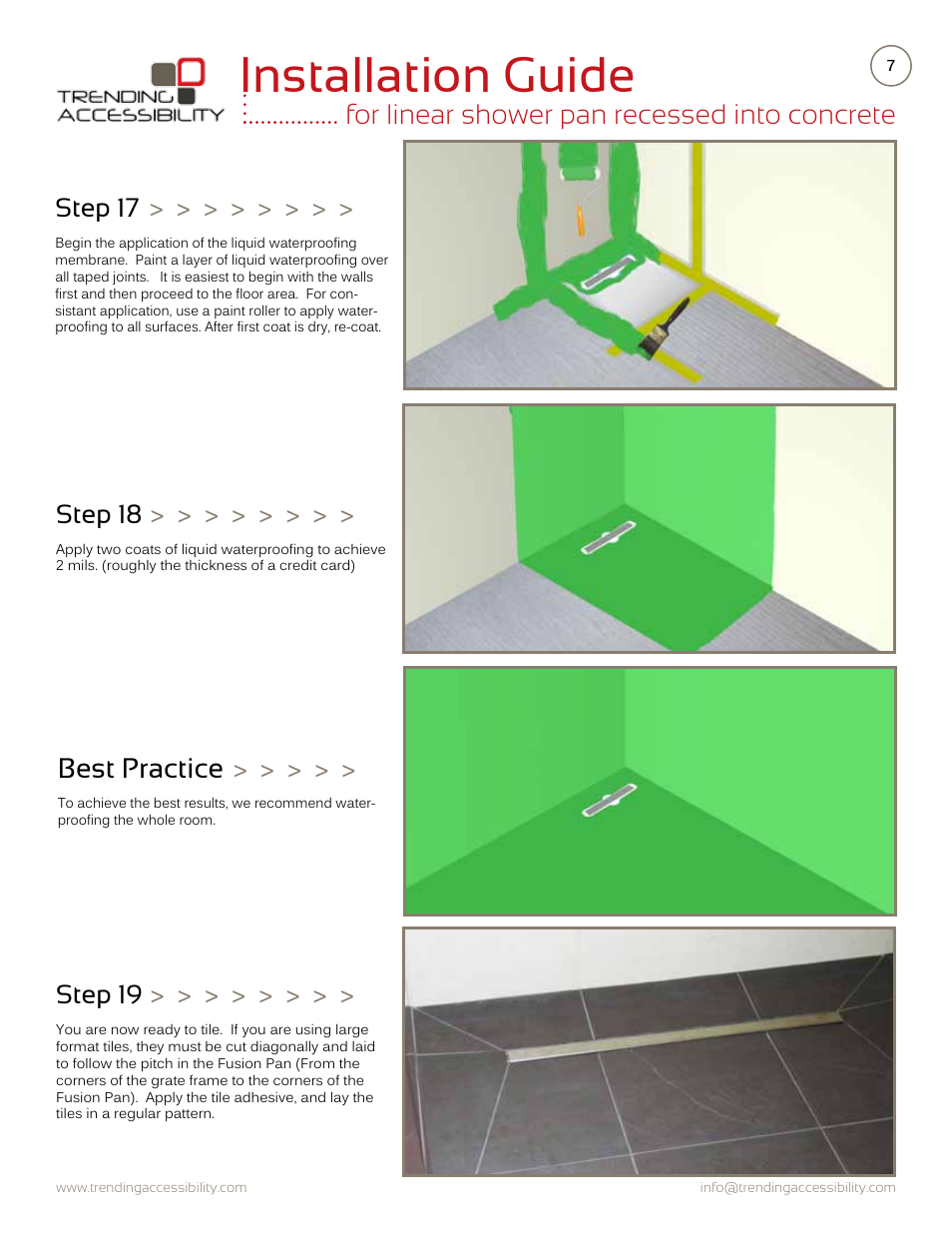 Installation guide, For linear shower pan recessed into concrete, Best practice | Step 18, Step 19, Step 17 | Trending Accessibility Transitional & modern linear fusion shower pan recessed into concrete User Manual | Page 7 / 7