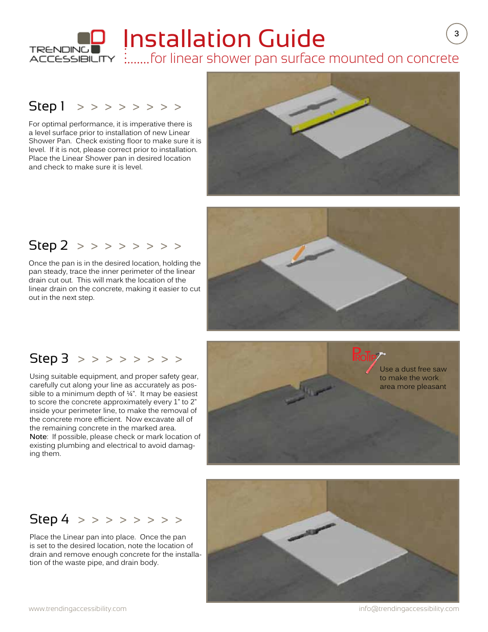 Installation guide, For linear shower pan surface mounted on concrete, Step 1 | Step 2, Step 3, Step 4 | Trending Accessibility Transitional & modern linear fusion shower pan surface mounted on concrete User Manual | Page 3 / 8