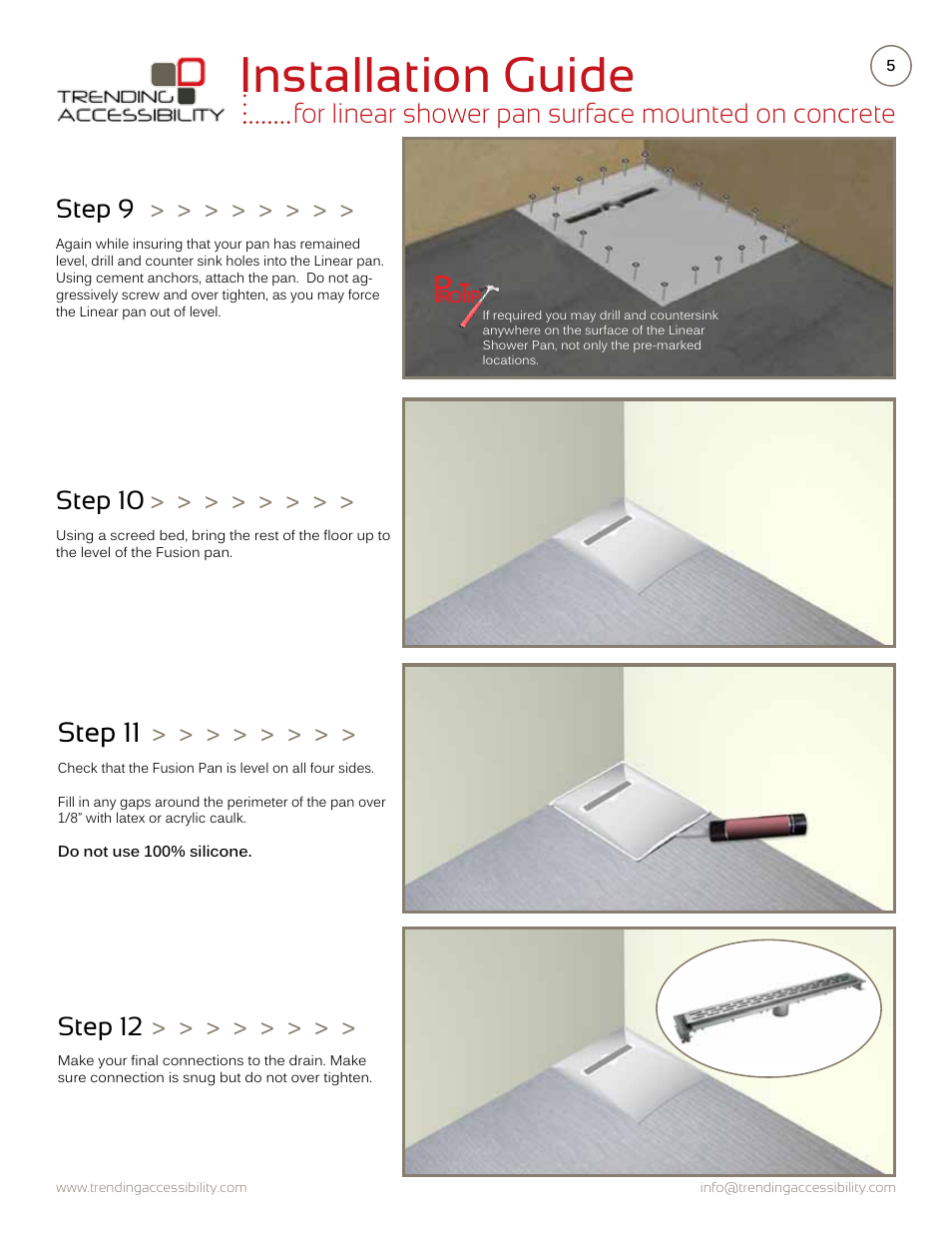 Installation guide, For linear shower pan surface mounted on concrete, Step 11 | Step 12, Step 9, Step 10 | Trending Accessibility Transitional & modern linear fusion shower pan surface mounted on concrete User Manual | Page 5 / 8