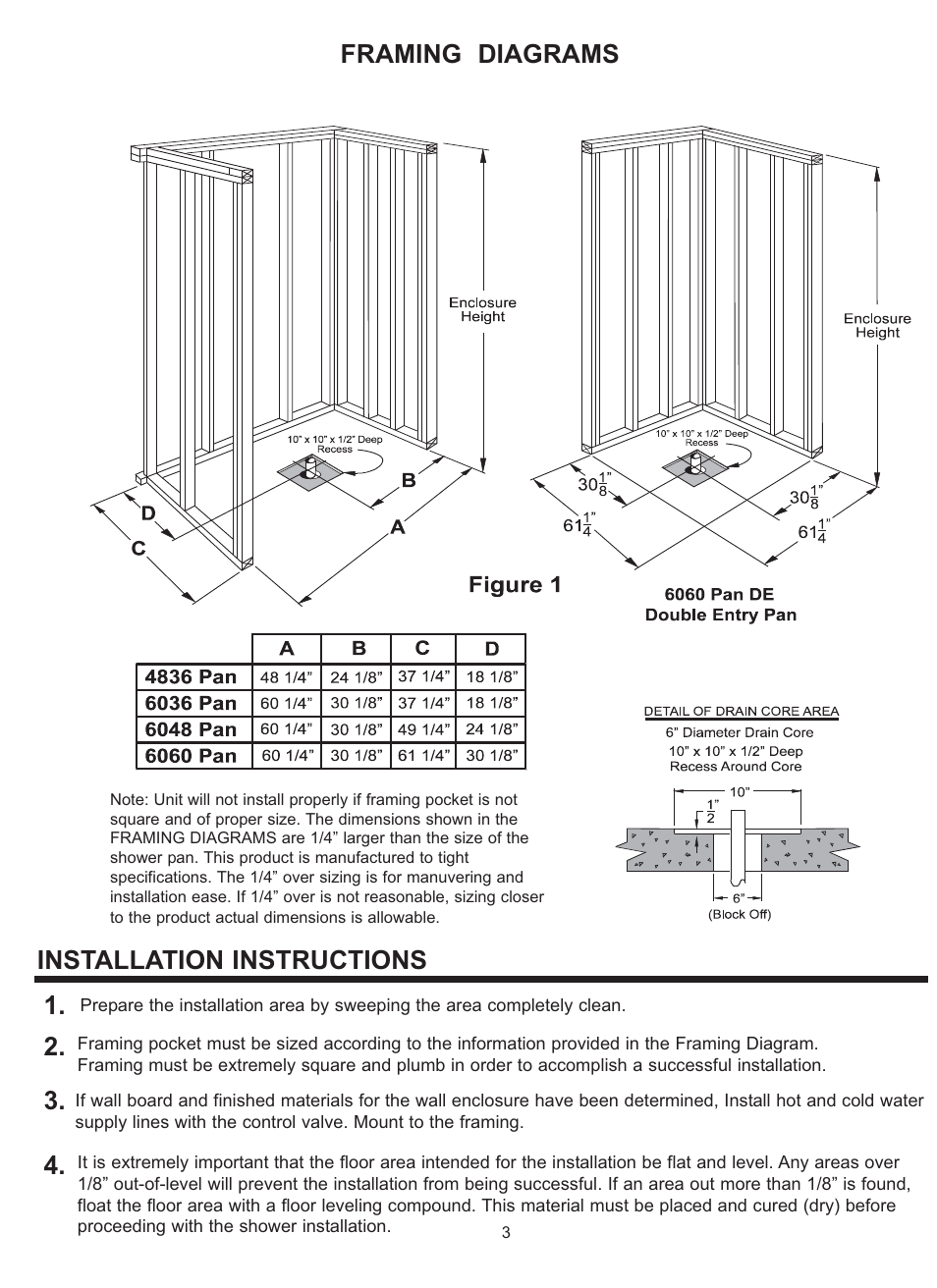 Installation instructions, Framing diagrams | Trending Accessibility BARRIER FREE SHOWER PAN User Manual | Page 3 / 12