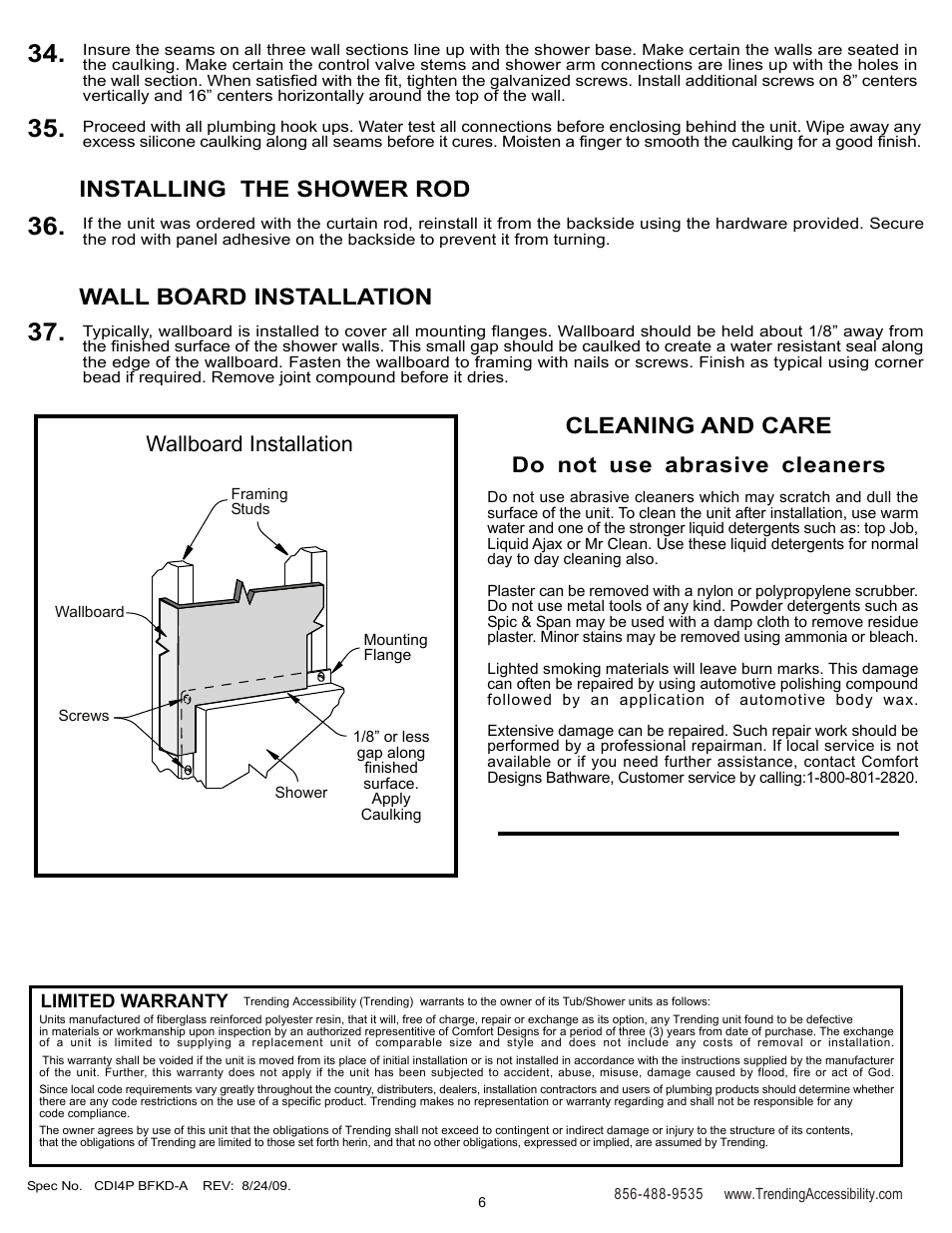 Installing the shower rod, Wall board installation, Cleaning and care | Trending Accessibility Four Piece Barrier Free User Manual | Page 6 / 6