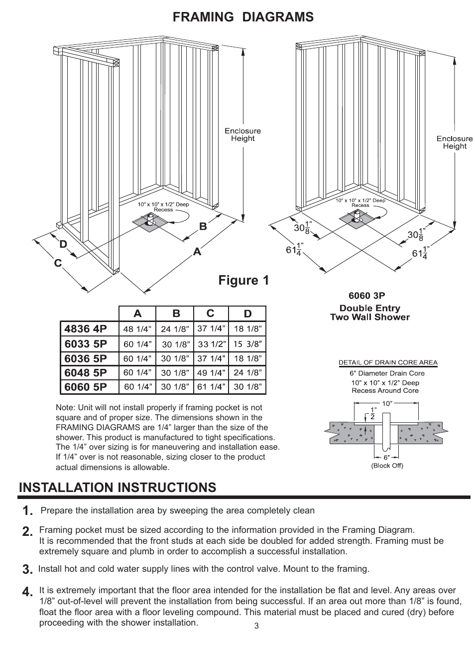 Installation instructions, Framing diagrams, Figure 1 | Trending Accessibility Multi-Piece (4836, 6033, 6036, 6048, 6060) User Manual | Page 3 / 14