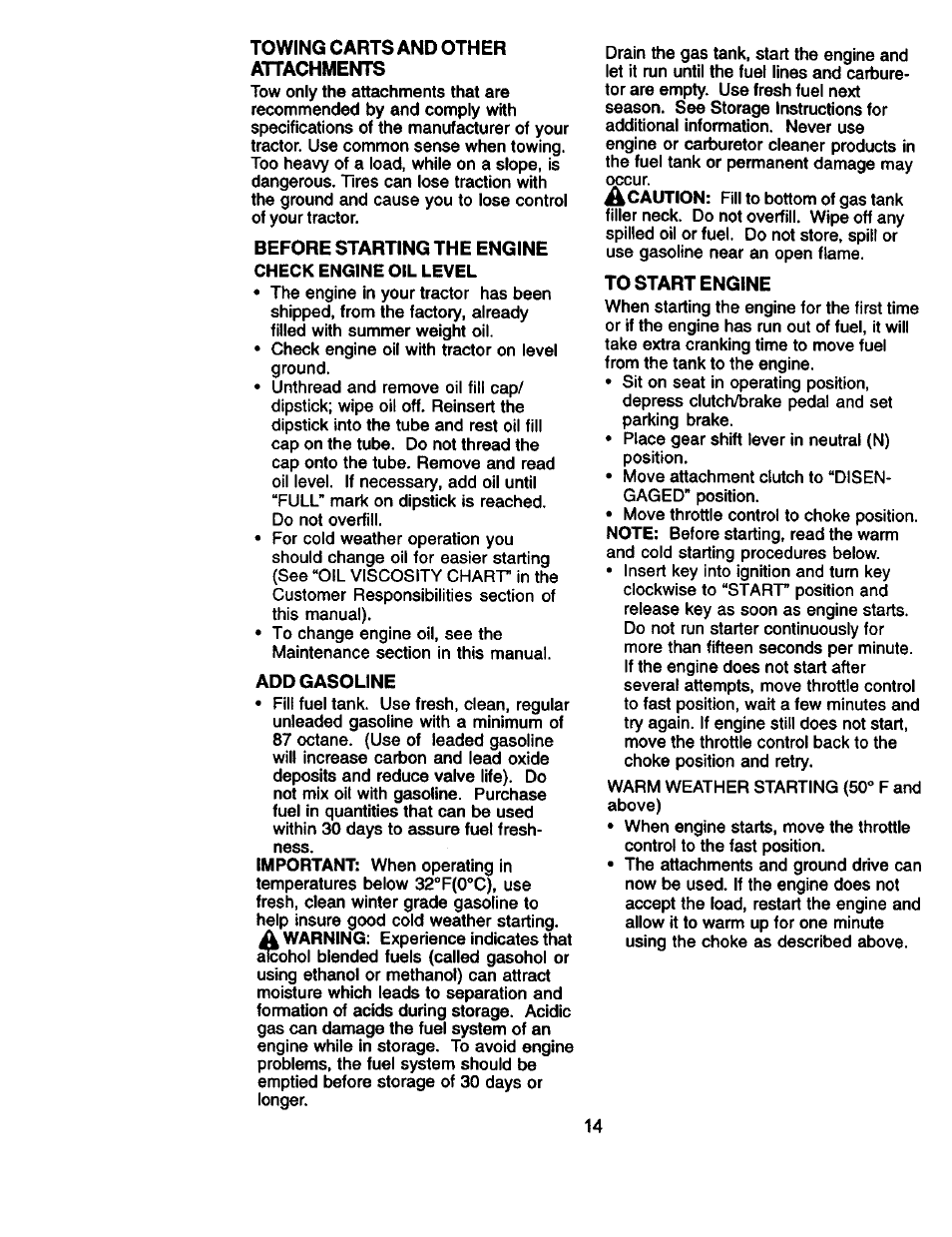 Towing carts and other attachments, Before starting the engine check engine oil level, Add gasoline | To start engine | Craftsman 917.271130 User Manual | Page 14 / 60