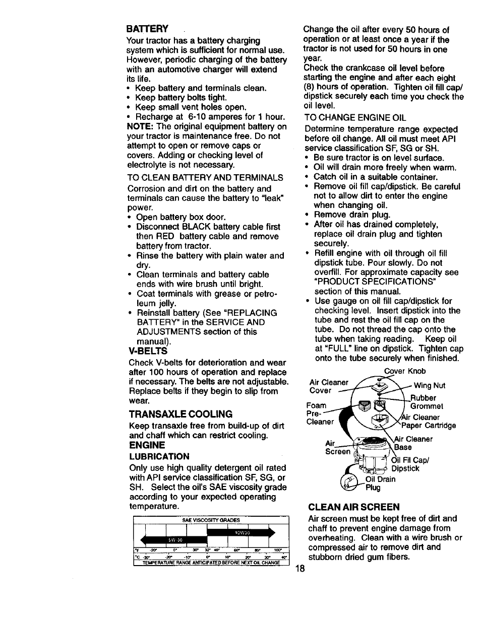 Battery, V-belts, Transaxle cooling | Clean air screen, I....i i, I i i | Craftsman 917.271130 User Manual | Page 18 / 60
