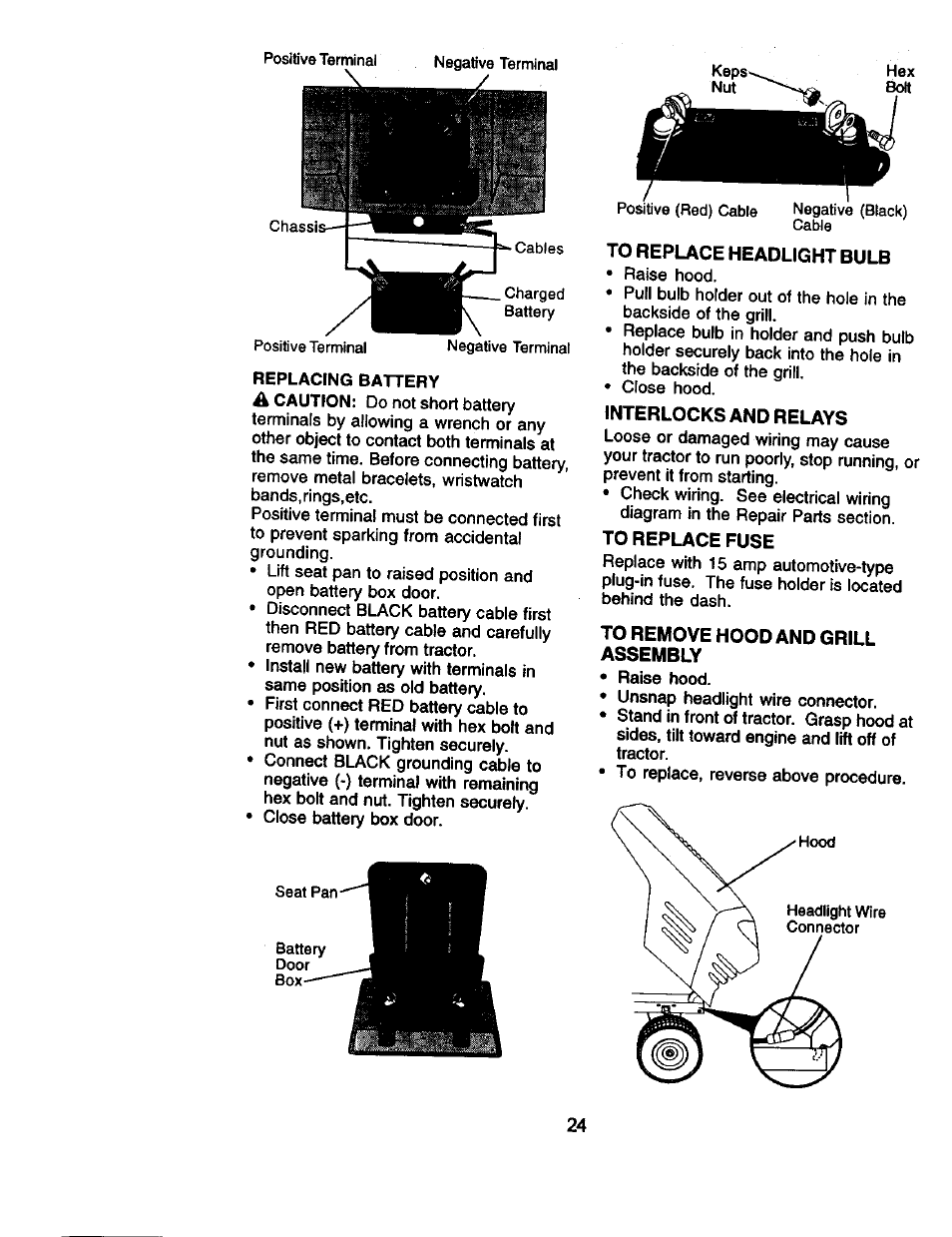 To replace headlight bulb, Interlocks and relays, To replace fuse | To remove hood and grill assembly | Craftsman 917.271130 User Manual | Page 24 / 60