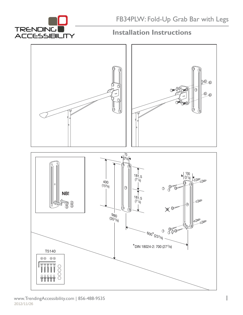 Trending Accessibility FB34PLW: Fold-Up Grab Bar with Legs User Manual | 2 pages