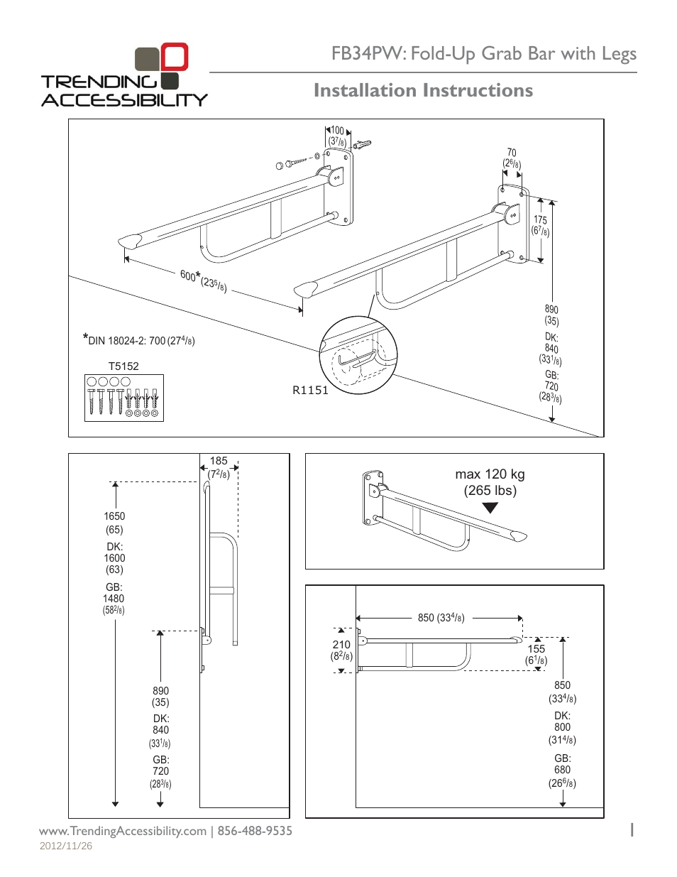 Trending Accessibility FB34PW: Fold-Up Grab Bar with Legs User Manual | 1 page