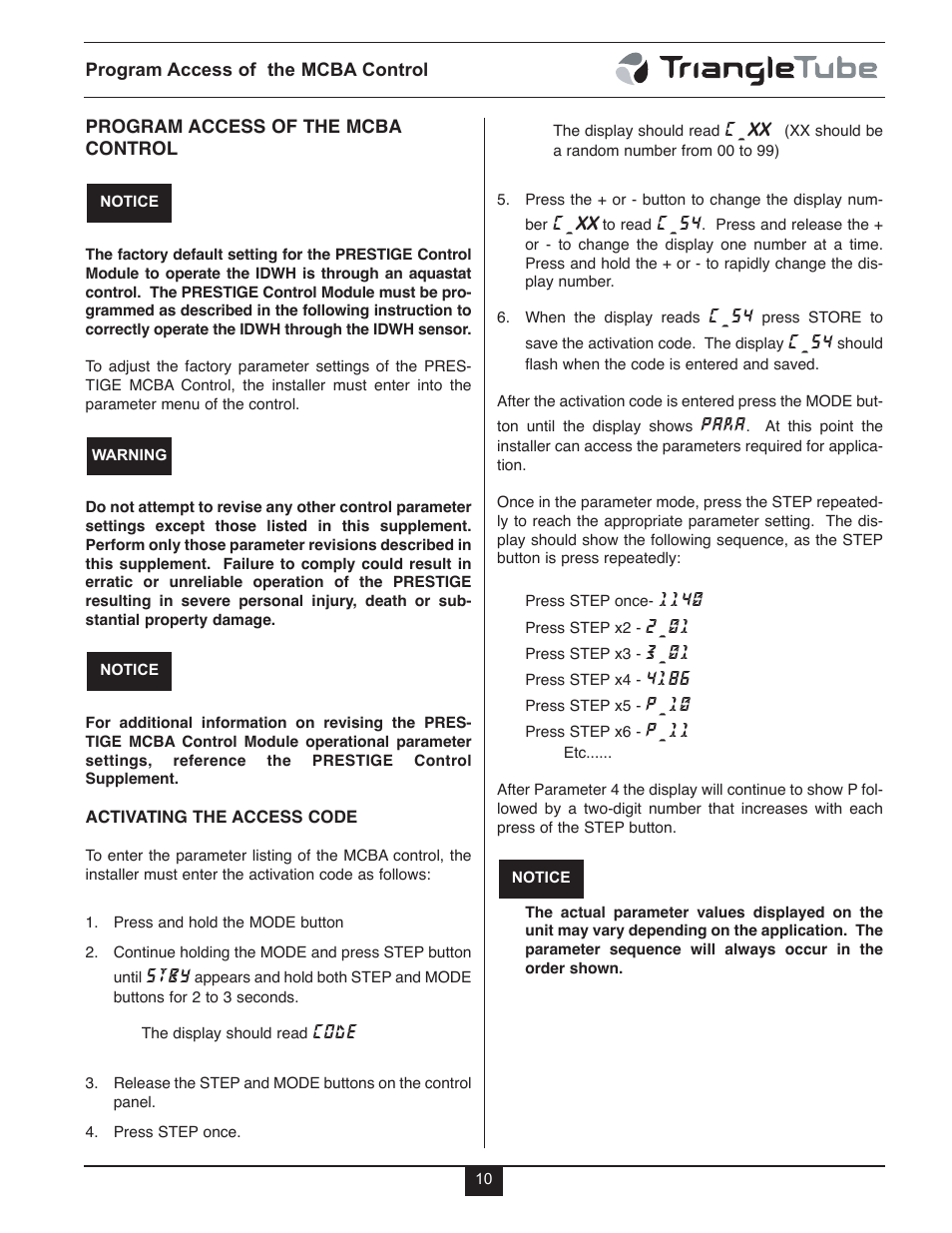Stby, Code, C_54 | Para, P_10, P_11 | TriangleTube Mini Smart User Manual | Page 13 / 23