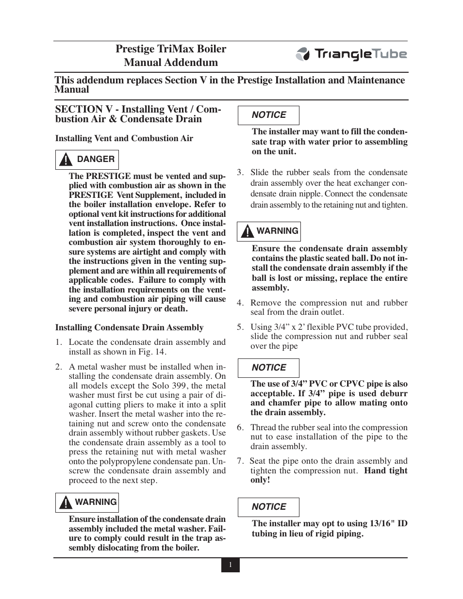 TriangleTube Prestige Trimax Solo Series User Manual | 2 pages