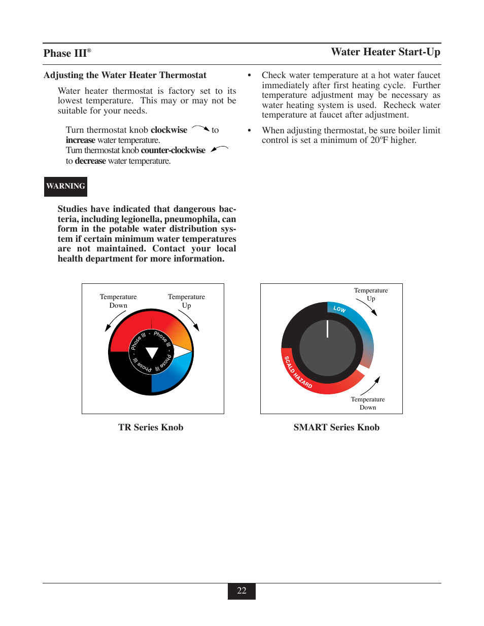 Phase iii, Water heater start-up, Tr series knob smart series knob | TriangleTube TR Series User Manual | Page 25 / 33