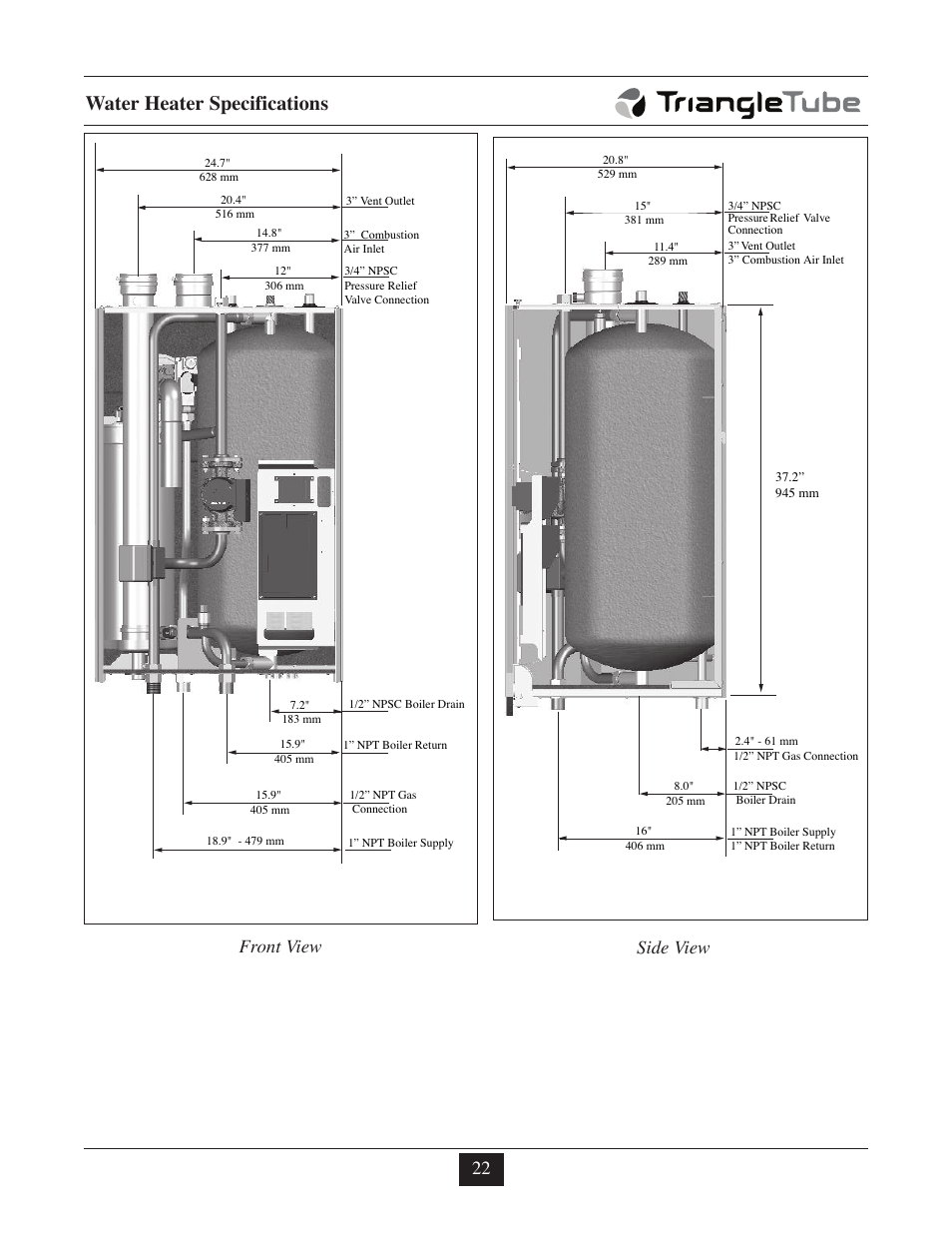 Water heater specifications, Side view, Front view 22 | TriangleTube Prestige Excellence Part 1 User Manual | Page 103 / 105