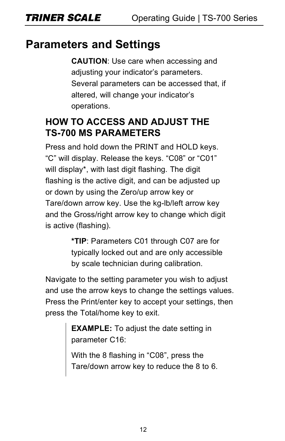 Parameters and settings, How to access and adjust the ts-700 ms parameters | Triner Scale TS-700 Series V2.0 User Manual | Page 14 / 40