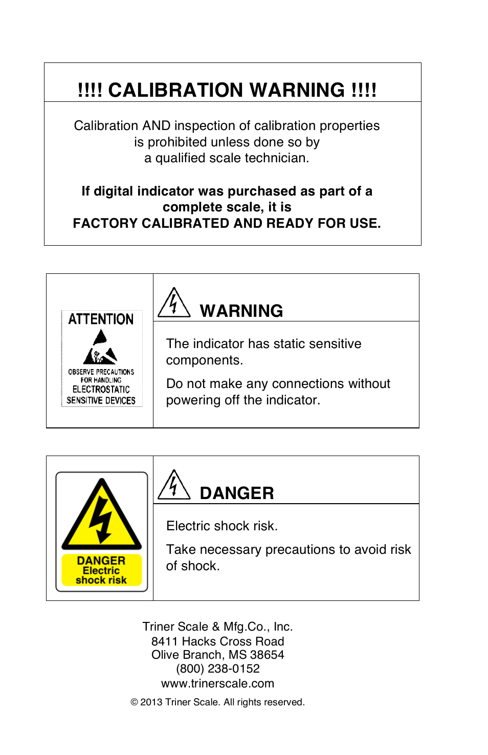 Calibration warning, Warning, Danger | Triner Scale TS-700 Series V2.0 User Manual | Page 2 / 40