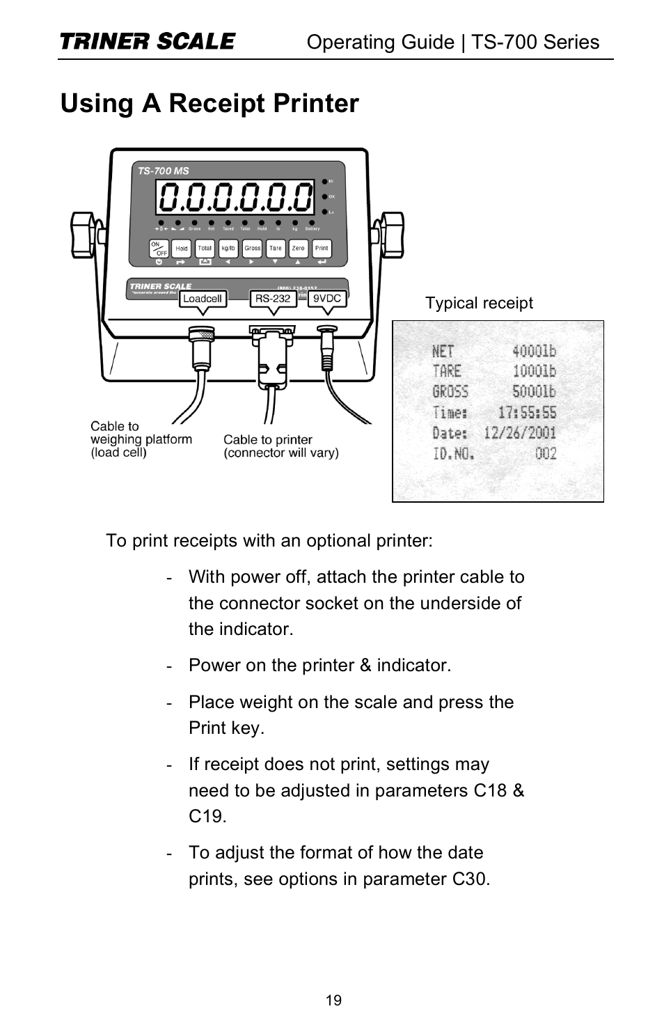 Using a receipt printer | Triner Scale TS-700 Series V2.0 User Manual | Page 21 / 40