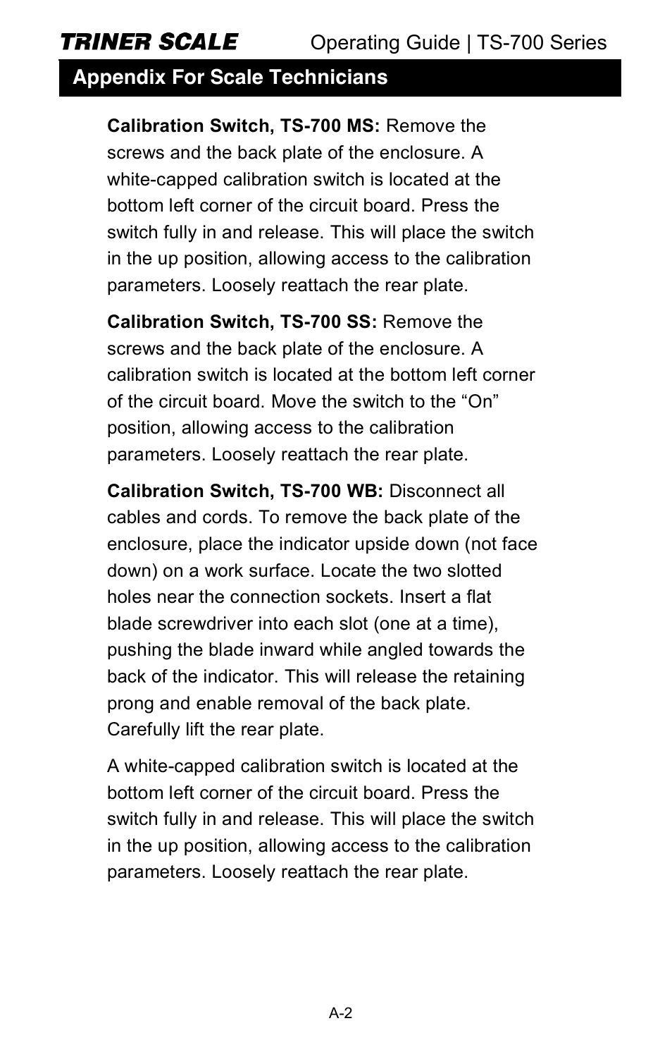 Operating guide | ts-700 series, Appendix for scale technicians | Triner Scale TS-700 Series V2.0 User Manual | Page 23 / 40
