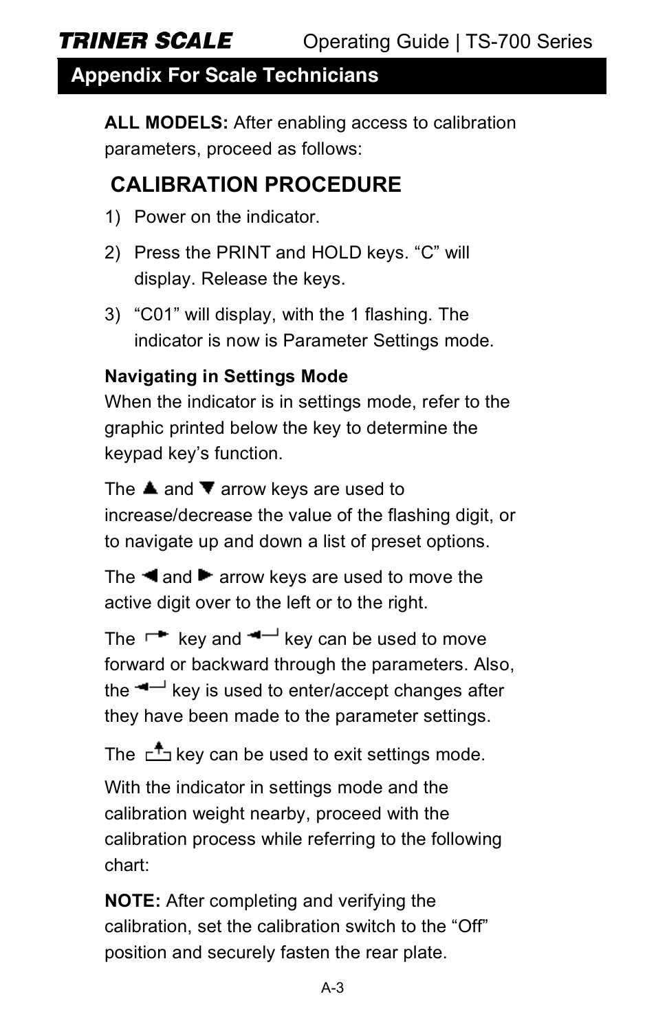 Calibration procedure | Triner Scale TS-700 Series V2.0 User Manual | Page 24 / 40