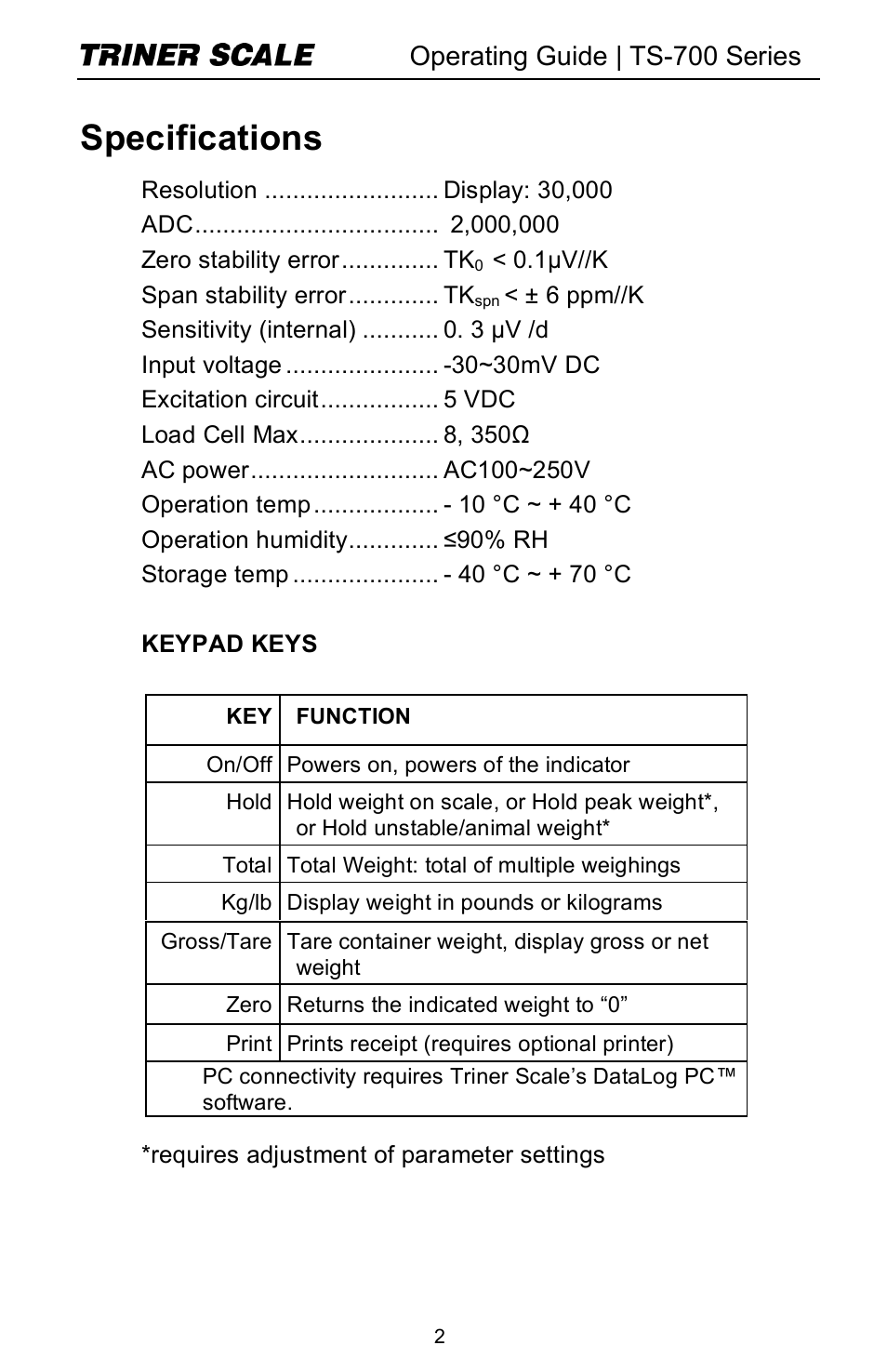 Specifications, Operating guide | ts-700 series | Triner Scale TS-700 Series V2.0 User Manual | Page 4 / 40