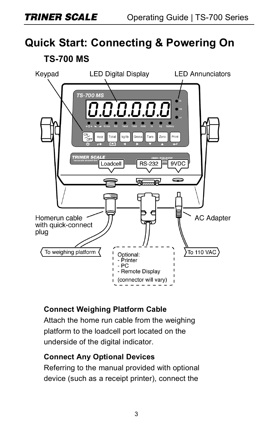 Quick start: connecting & powering on, Ts-700 ms | Triner Scale TS-700 Series V2.0 User Manual | Page 5 / 40