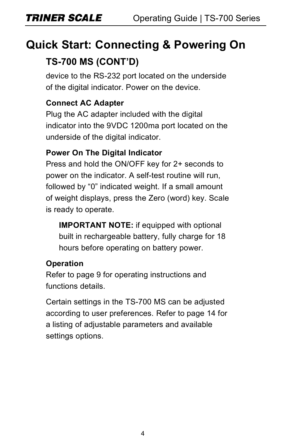 Quick start: connecting & powering on, Ts-700 ms (cont’d) | Triner Scale TS-700 Series V2.0 User Manual | Page 6 / 40