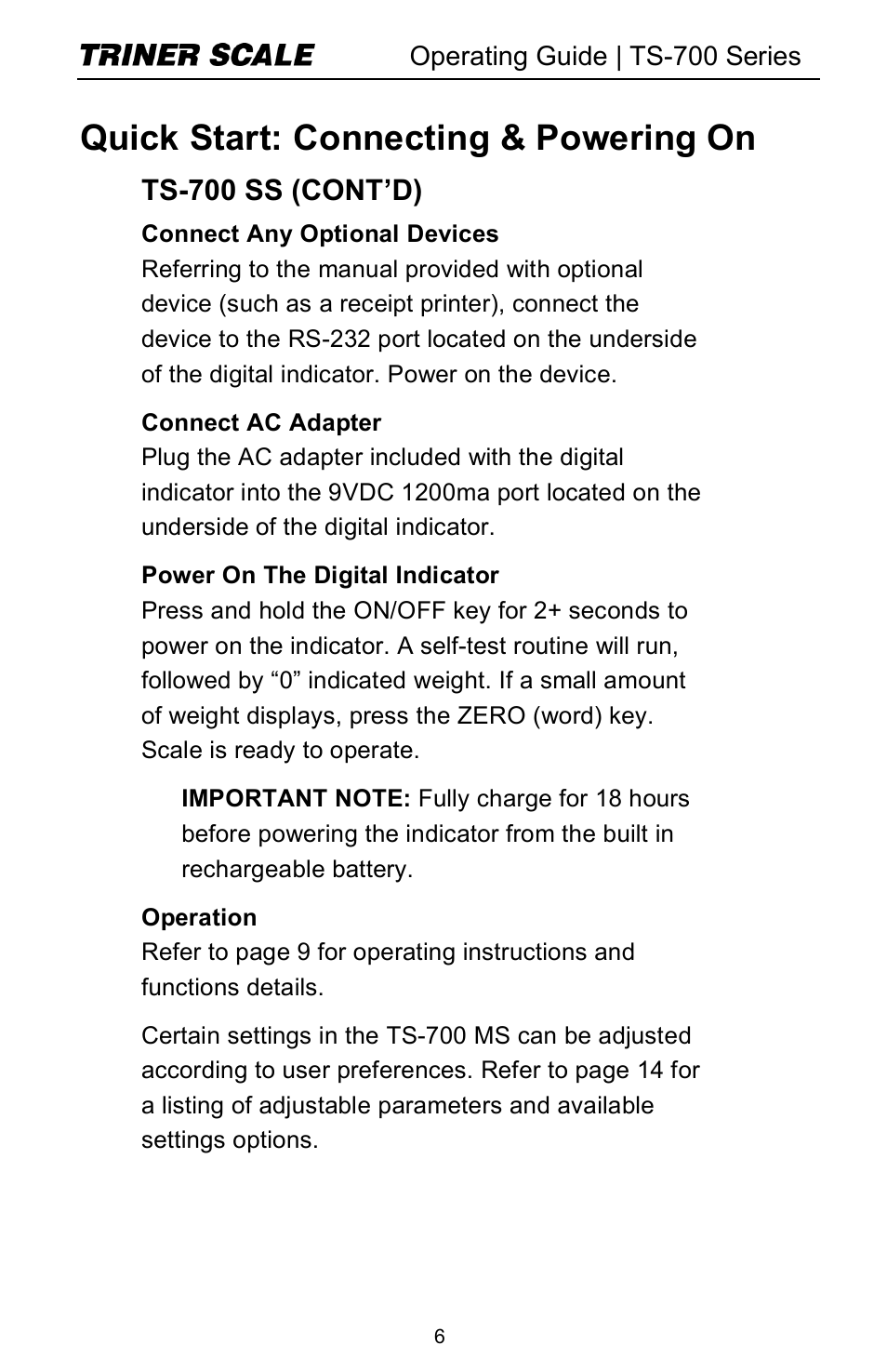 Quick start: connecting & powering on, Ts-700 ss (cont’d) | Triner Scale TS-700 Series V2.0 User Manual | Page 8 / 40