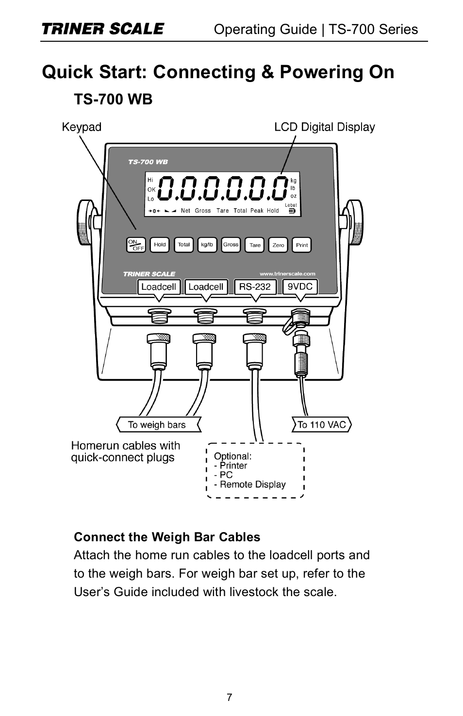 Quick start: connecting & powering on, Ts-700 wb | Triner Scale TS-700 Series V2.0 User Manual | Page 9 / 40