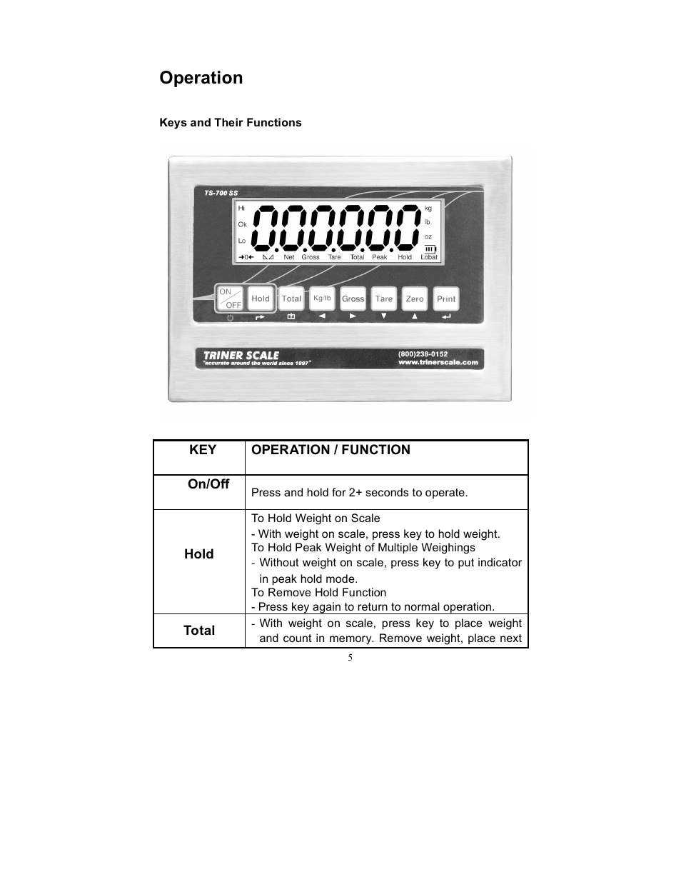 Operation | Triner Scale TS 700-SS User Manual | Page 7 / 21