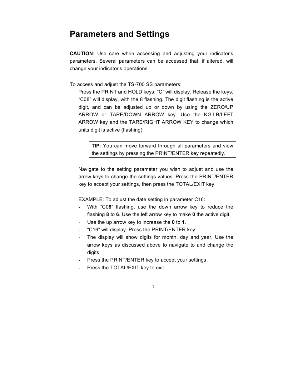 Parameters and settings | Triner Scale TS 700-SS User Manual | Page 9 / 21