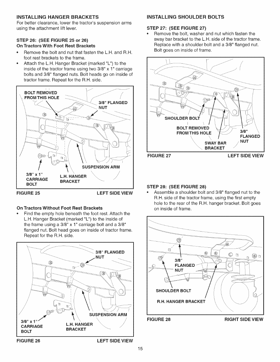 Step 26: (see figure 25 or 26), On tractors without foot rest brackets, Step 28: (see figure 28) | Craftsman 486.24837 User Manual | Page 15 / 36