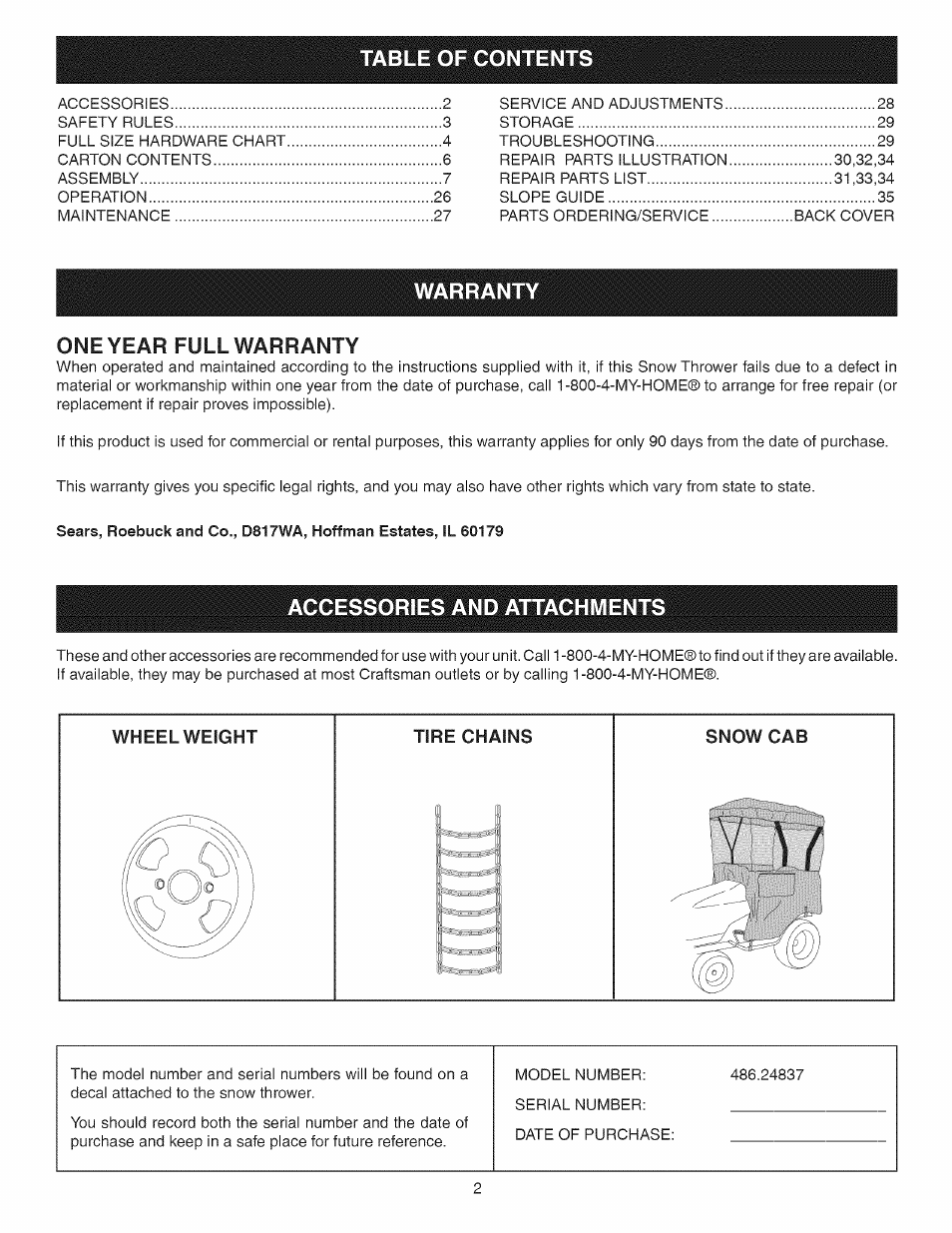 Warran, One year full warranty, Accessories and attachments | Craftsman 486.24837 User Manual | Page 2 / 36