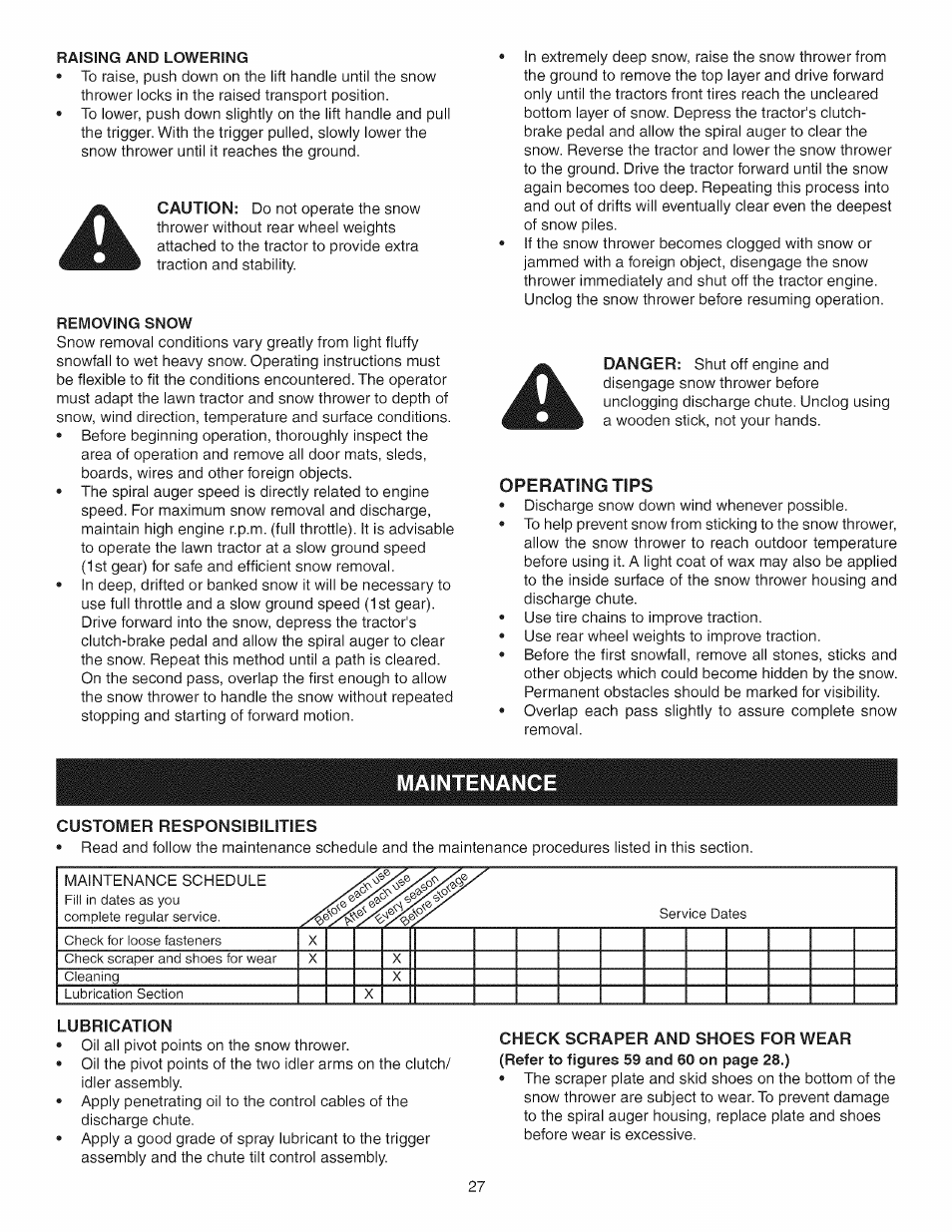 Raising and lowering, Removing snow, Operating tips | Maintenance | Craftsman 486.24837 User Manual | Page 27 / 36