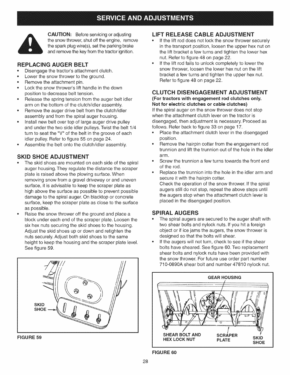 Replacing auger belt, Skid shoe adjustment, Lift release cable adjustment | Clutch disengagement adjustment, Spiral augers, Service and adjustment | Craftsman 486.24837 User Manual | Page 28 / 36