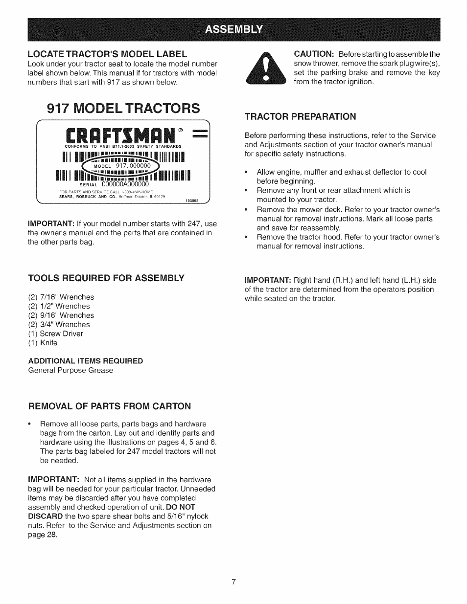 Assembly, Tractor preparation, Tools required for assembly | Additional items reouired, Removal of parts from carton, Craftsman, 917 model tractors | Craftsman 486.24837 User Manual | Page 7 / 36