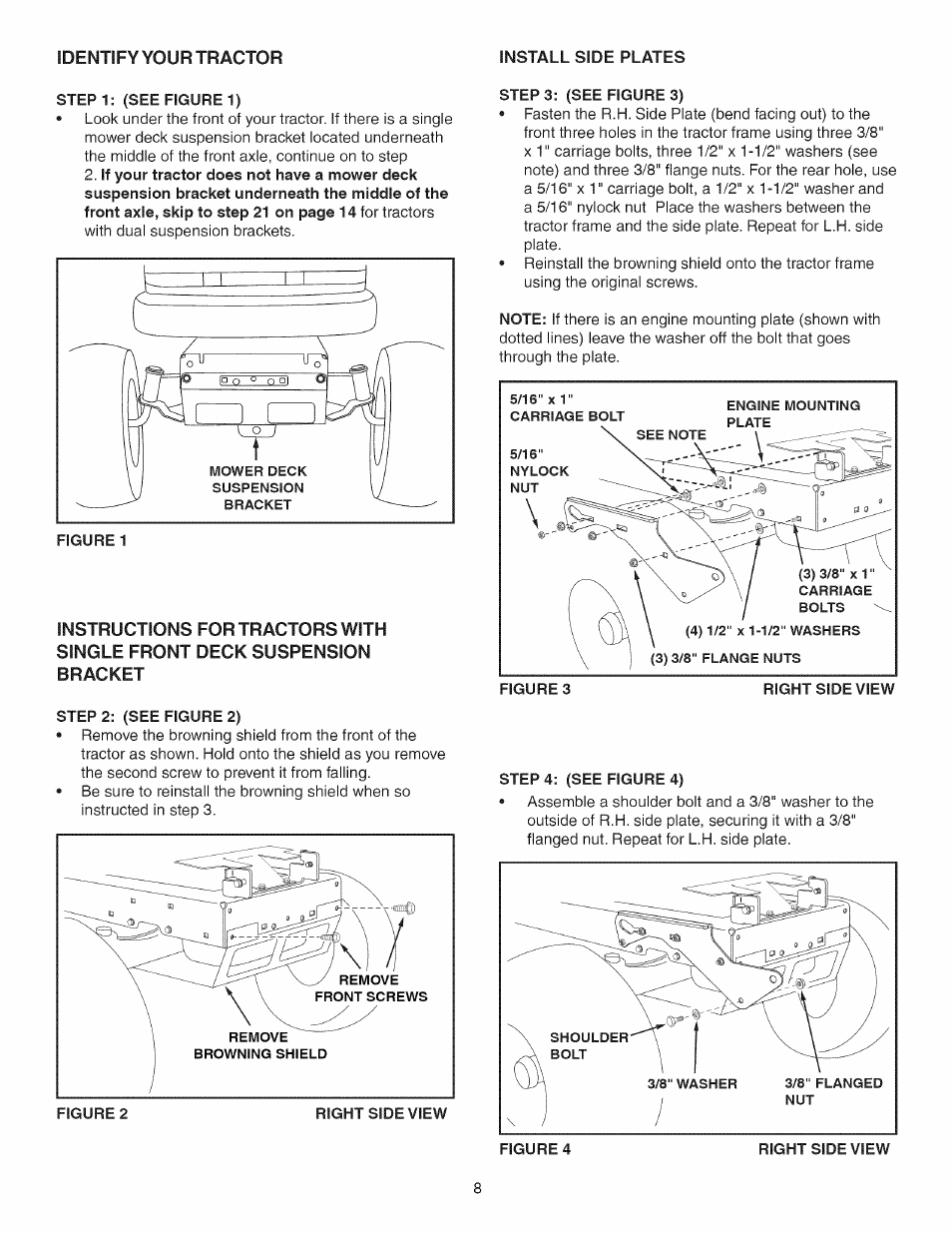 Instructions for tractors with, Single front deck suspension, Bracket | Step 2: (see figure 2), Step 3: (see figure 3), Step 4: (see figure 4) | Craftsman 486.24837 User Manual | Page 8 / 36