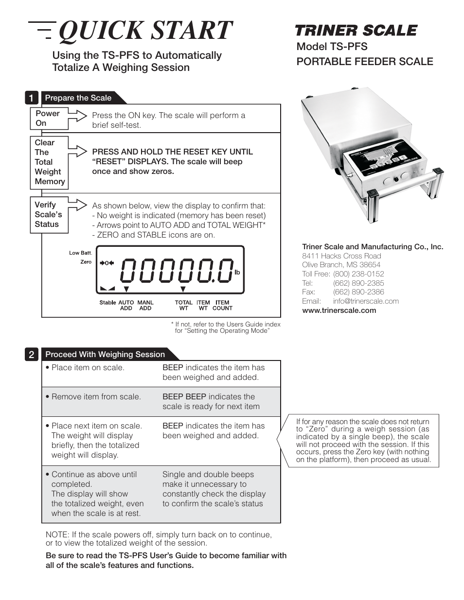 Triner Scale TS-PFS Quick Start User Manual | 1 page