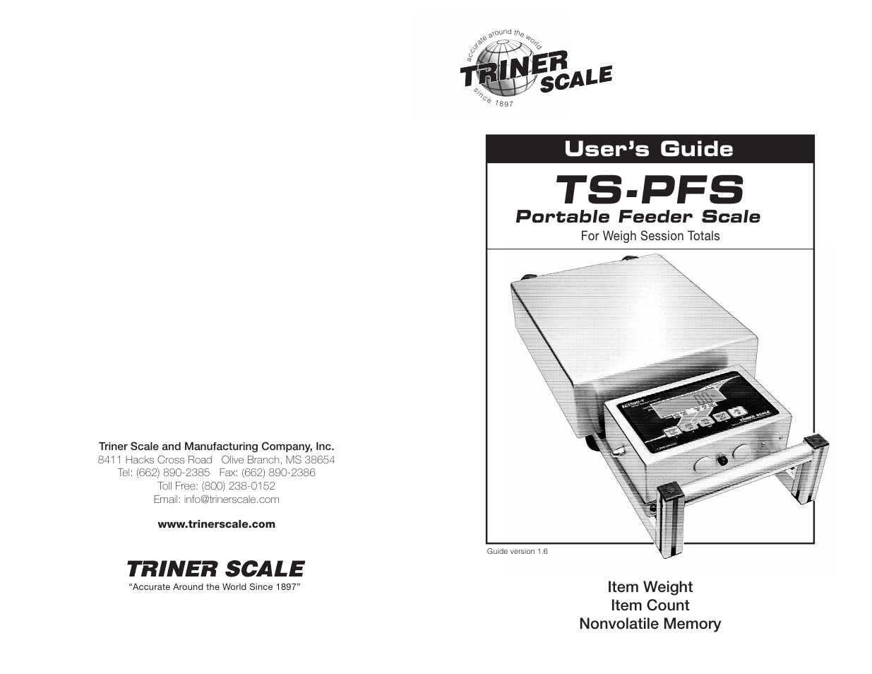 Back, Ts-pfs, User’s guide | Portable feeder scale | Triner Scale TS-PFS Users Guide User Manual | Page 18 / 18