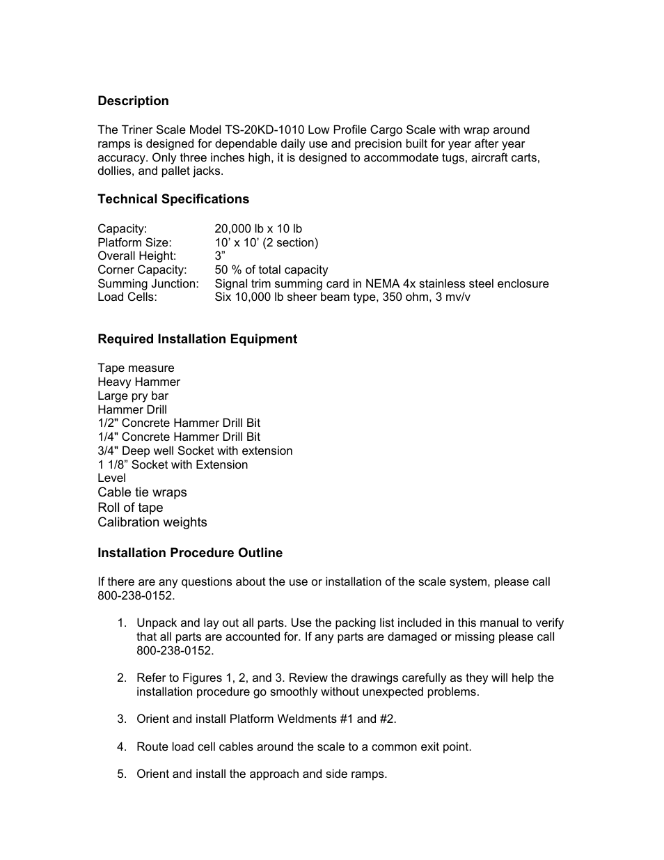 Description, Technical specifications, Required installation equipment | Installation procedure outline | Triner Scale TS-20KD-1010 User Manual | Page 2 / 8