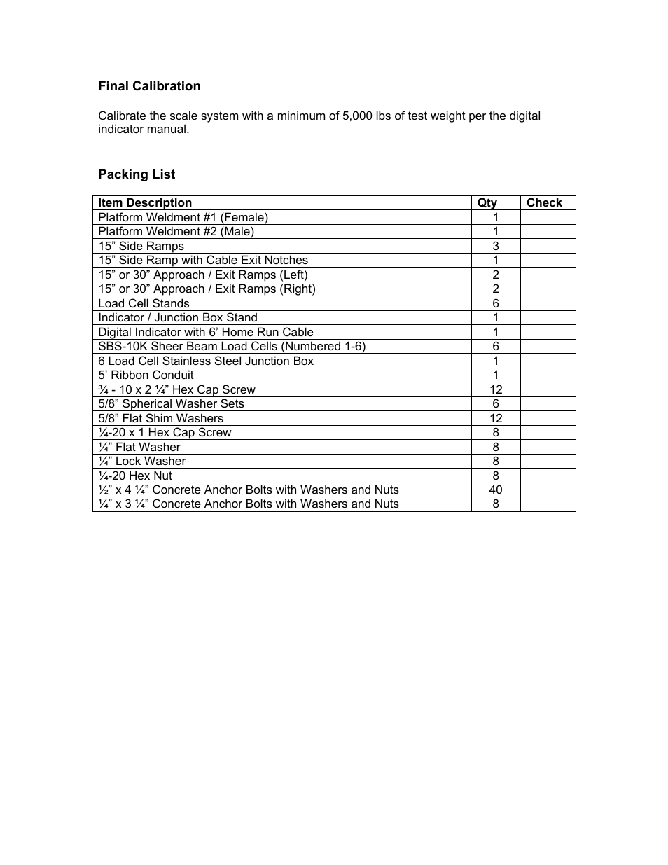 Final calibration, Packing list | Triner Scale TS-20KD-1010 User Manual | Page 6 / 8