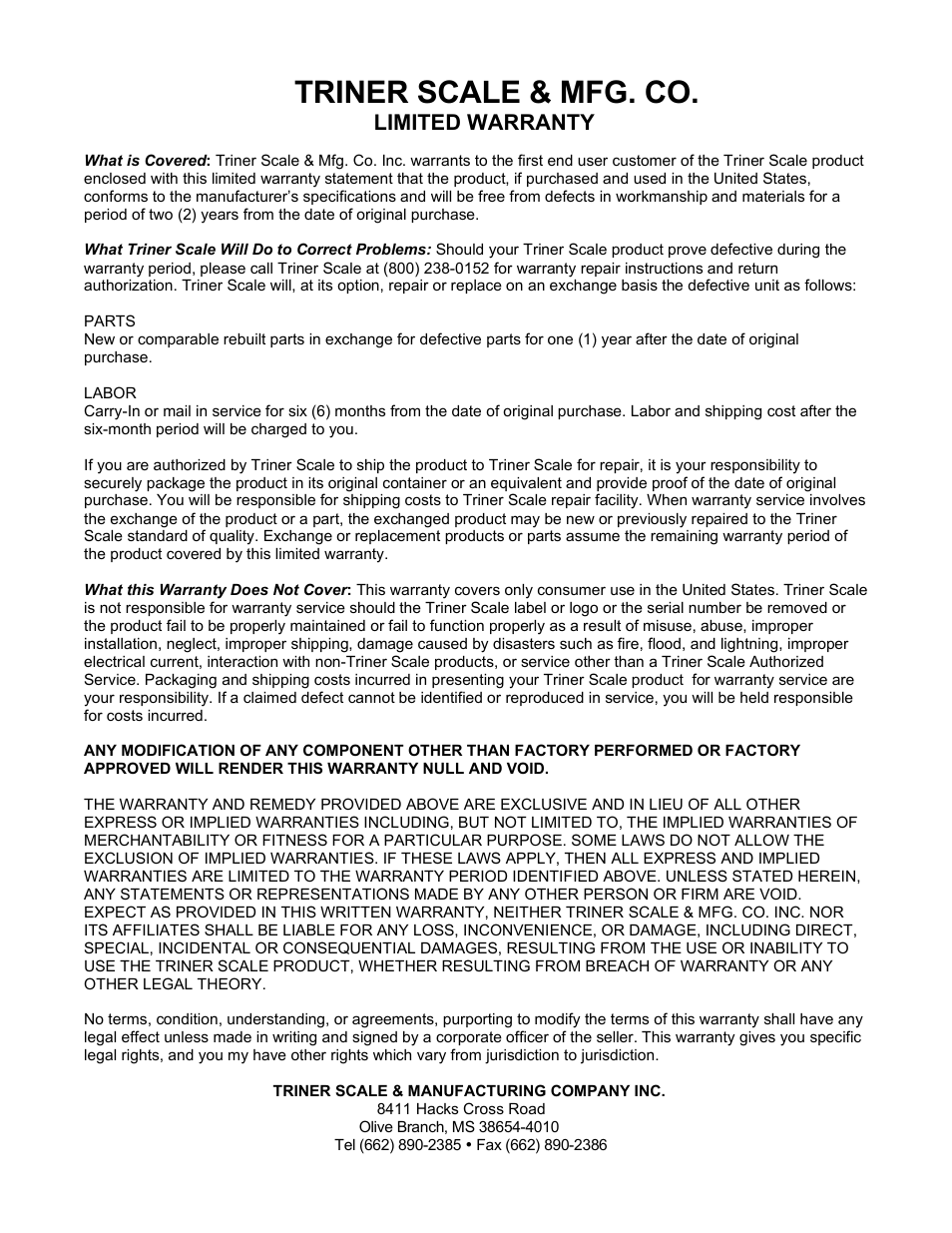 Warranty_1yr_6 mos, Triner scale & mfg. co | Triner Scale TS60-1010 User Manual | Page 19 / 20