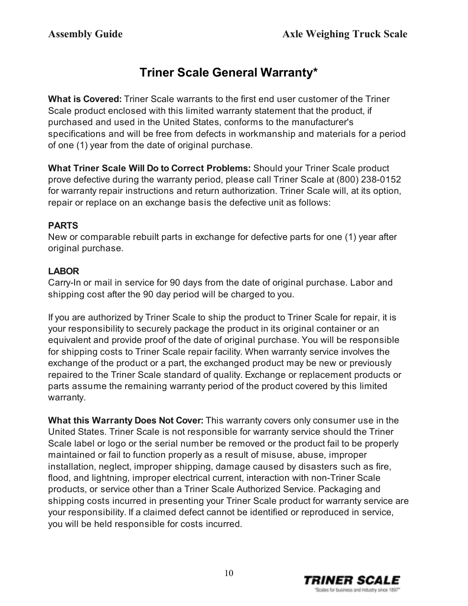 Triner scale general warranty | Triner Scale Axle Weighing Truck Scale 60,000 lb x 20 lb User Manual | Page 10 / 11