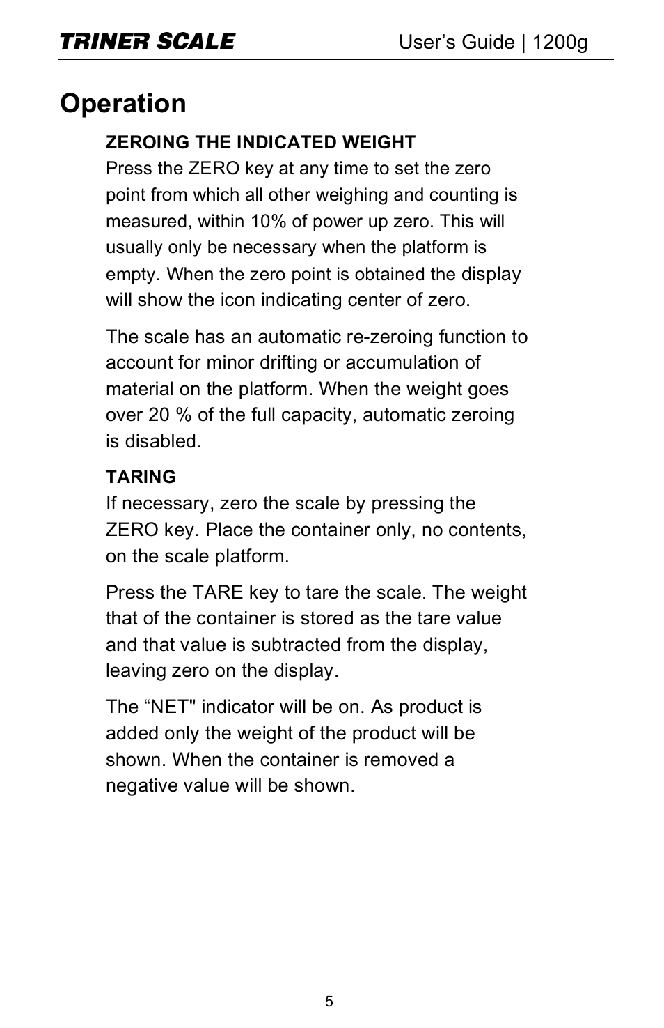 Operation | Triner Scale 1200g High Precision User Manual | Page 7 / 20