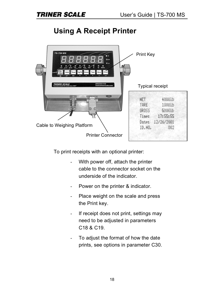 Using a receipt printer | Triner Scale TS 700-MS Series 2 User Manual | Page 20 / 24
