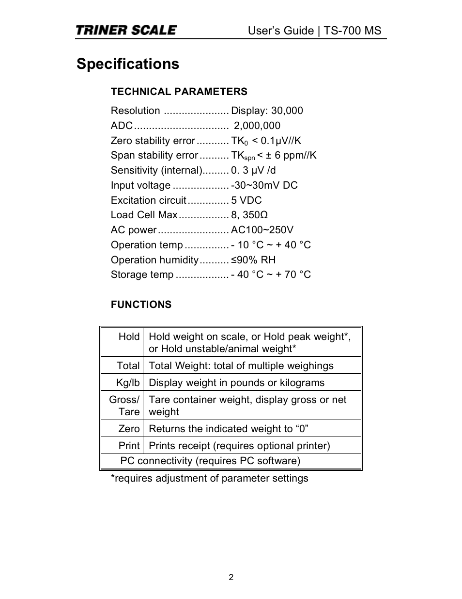 Specifications | Triner Scale TS 700-MS Series 2 User Manual | Page 4 / 24