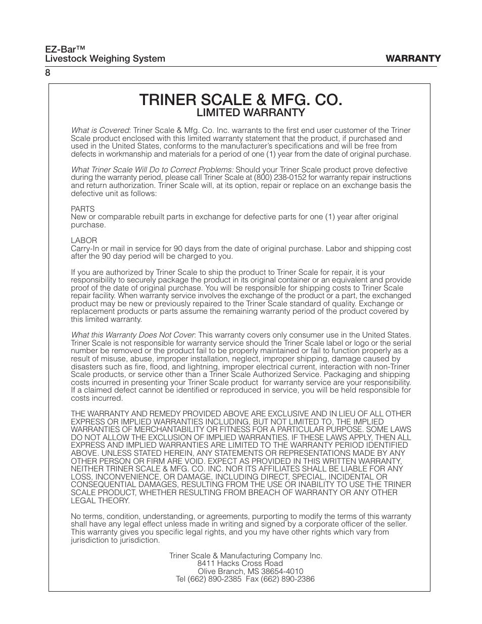 Triner scale & mfg. co, Limited warranty | Triner Scale AWB40-5K User Manual | Page 12 / 14